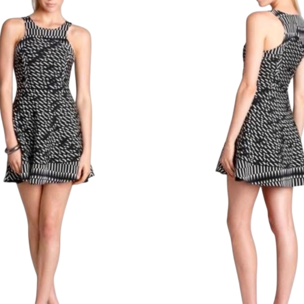 Parker Silk Geometric Fit & Flare Racerback Mini Dress, Black and White, Large